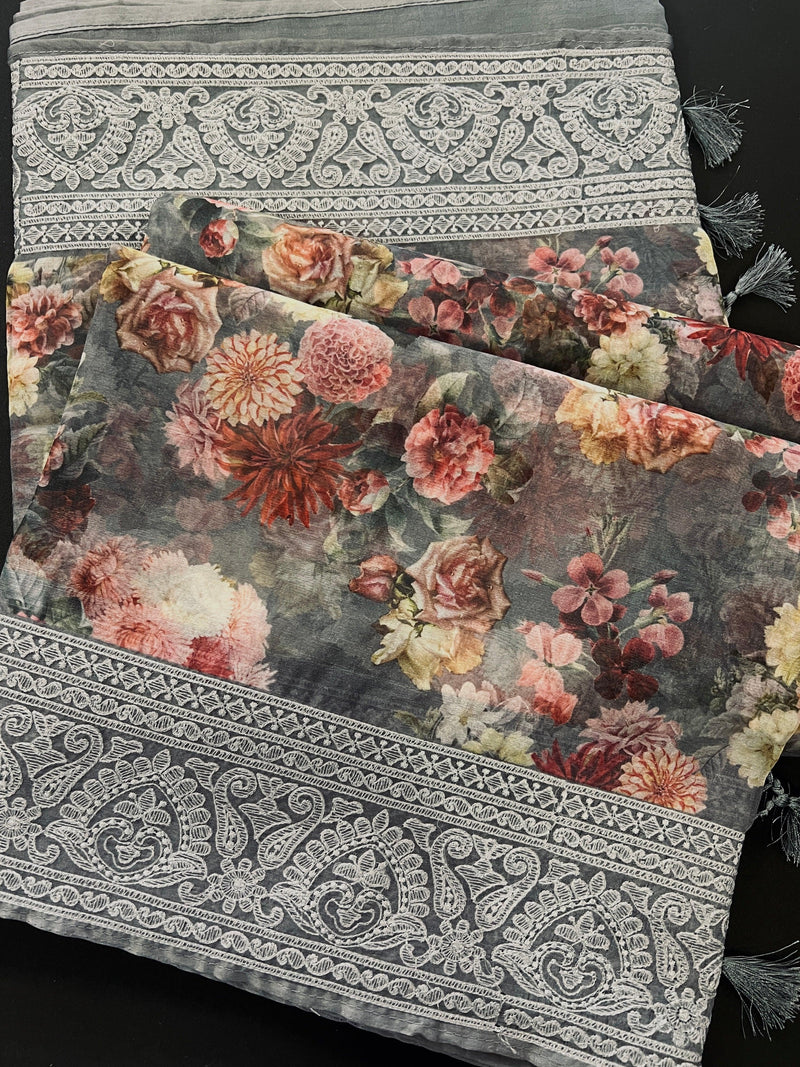 Grey Color Banarasi Organza Kora Silk Saree with Floral Digital Prints and Embroidery Work | Handmade Sarees | Embroidery Sarees - Kaash