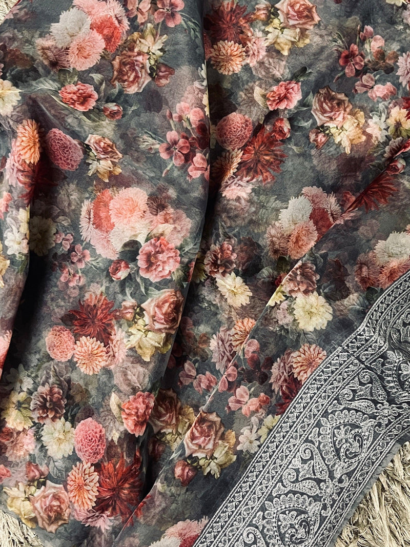 Grey Color Banarasi Organza Kora Silk Saree with Floral Digital Prints and Embroidery Work | Handmade Sarees | Embroidery Sarees - Kaash