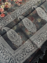 Grey Color Banarasi Organza Kora Silk Saree with Floral Digital Prints and Embroidery Work | Handmade Sarees | Embroidery Sarees - Kaash