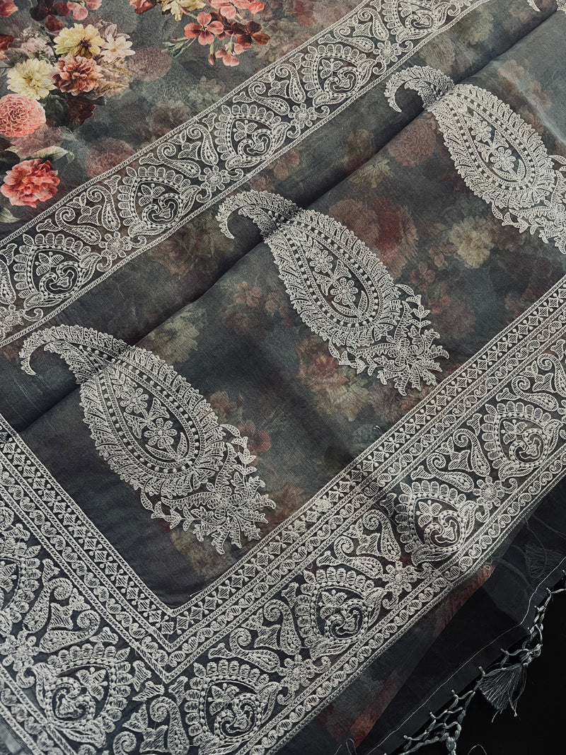 Grey Color Banarasi Organza Kora Silk Saree with Floral Digital Prints and Embroidery Work | Handmade Sarees | Embroidery Sarees - Kaash