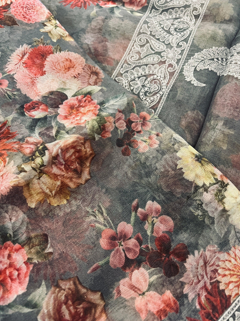 Grey Color Banarasi Organza Kora Silk Saree with Floral Digital Prints and Embroidery Work | Handmade Sarees | Embroidery Sarees - Kaash