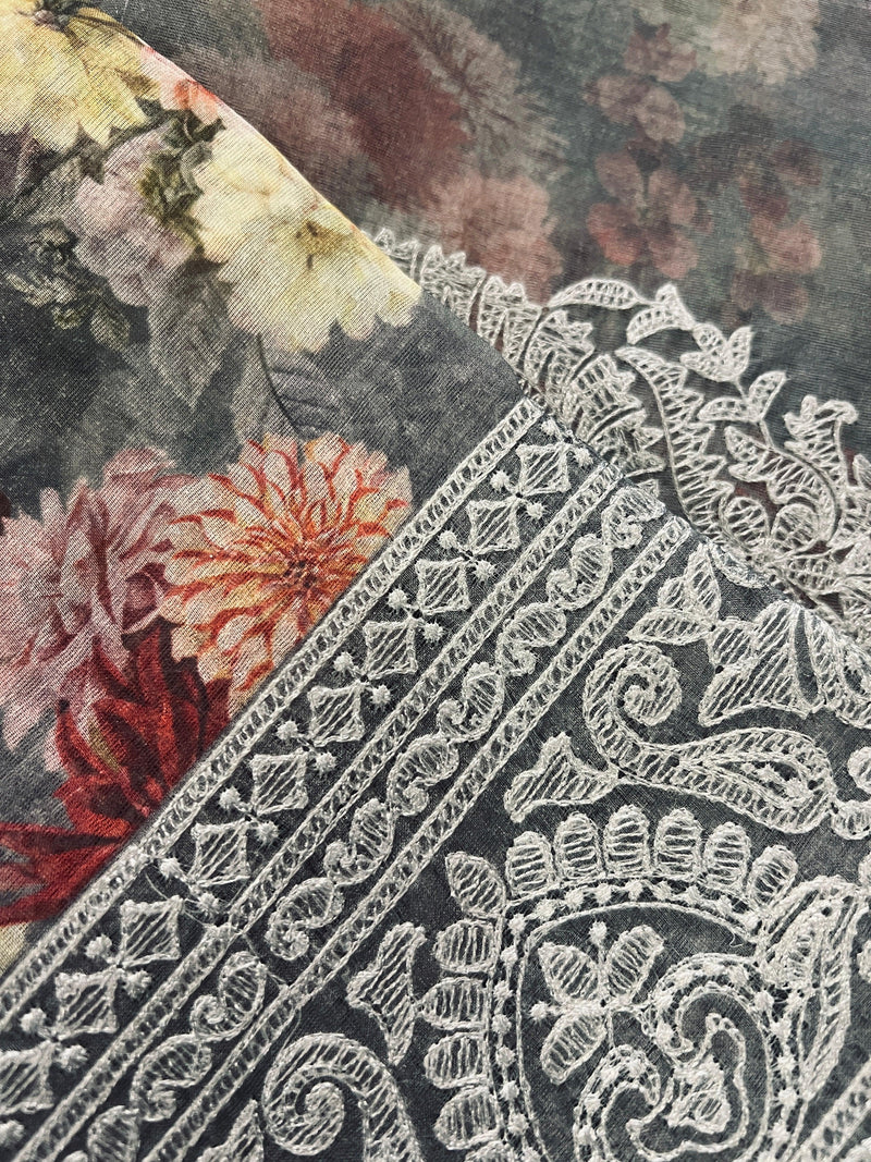 Grey Color Banarasi Organza Kora Silk Saree with Floral Digital Prints and Embroidery Work | Handmade Sarees | Embroidery Sarees - Kaash