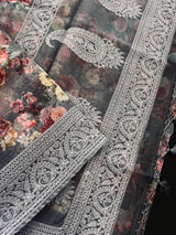 Grey Color Banarasi Organza Kora Silk Saree with Floral Digital Prints and Embroidery Work | Handmade Sarees | Embroidery Sarees - Kaash
