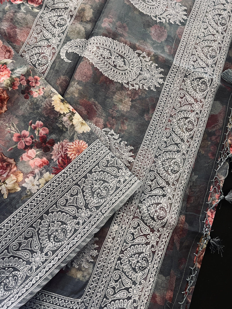 Grey Color Banarasi Organza Kora Silk Saree with Floral Digital Prints and Embroidery Work | Handmade Sarees | Embroidery Sarees - Kaash