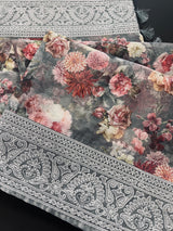 Grey Color Banarasi Organza Kora Silk Saree with Floral Digital Prints and Embroidery Work | Handmade Sarees | Embroidery Sarees - Kaash