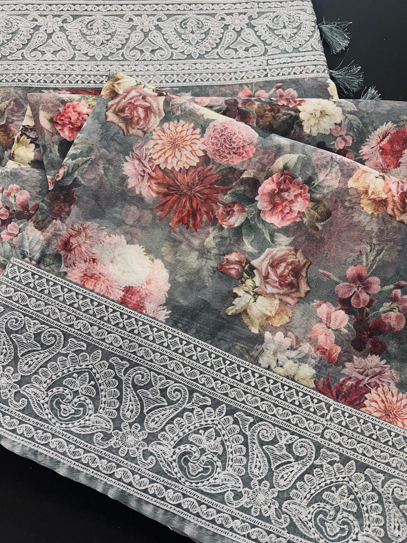 Grey Color Banarasi Organza Kora Silk Saree with Floral Digital Prints and Embroidery Work | Handmade Sarees | Embroidery Sarees - Kaash