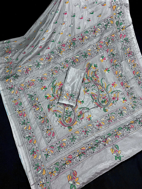 Grey Color Bangalori Silk Saree with Hand Kantha Stitch | Handwoven Kantha Stitch Sarees | Kantha Saress | Silk Sarees | Bengal Sarees - Kaash