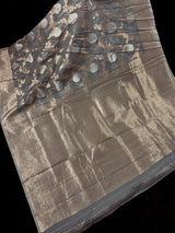 Pastel Grey Linen Silk saree in linen silk with banarasi border with floral jaal weave — Kaash Collection