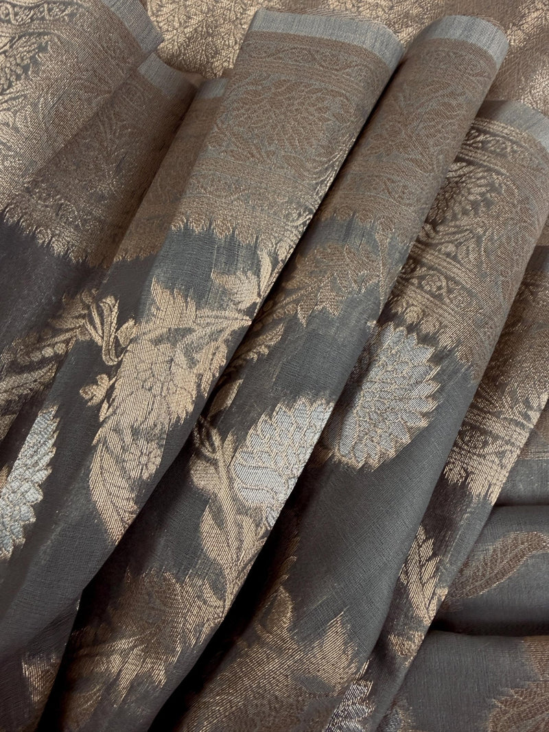 Pastel Grey Linen Silk saree in linen silk with banarasi border with floral jaal weave — Kaash Collection