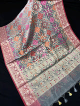 Grey Color Pure Banarasi Cotton Saree with Meenakari Resham Weave - Kaash