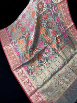 Grey Color Pure Banarasi Cotton Saree with Meenakari Resham Weave - Kaash