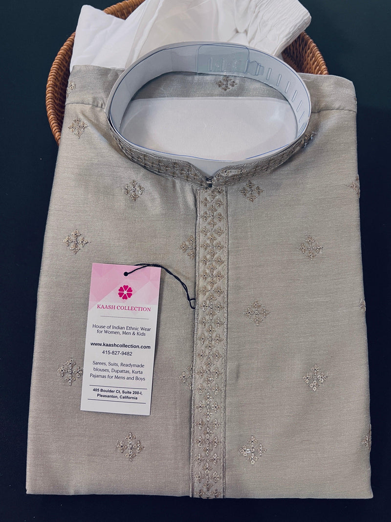 Grey Color Silk Men Kurta Pajama Kurta Pajama Set | Hand Embroidery with Sequin Work | Kurta Pajama for Wedding | Mens Kurta in USA - Kaash