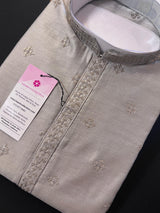 Grey Color Silk Men Kurta Pajama Kurta Pajama Set | Hand Embroidery with Sequin Work | Kurta Pajama for Wedding | Mens Kurta in USA - Kaash