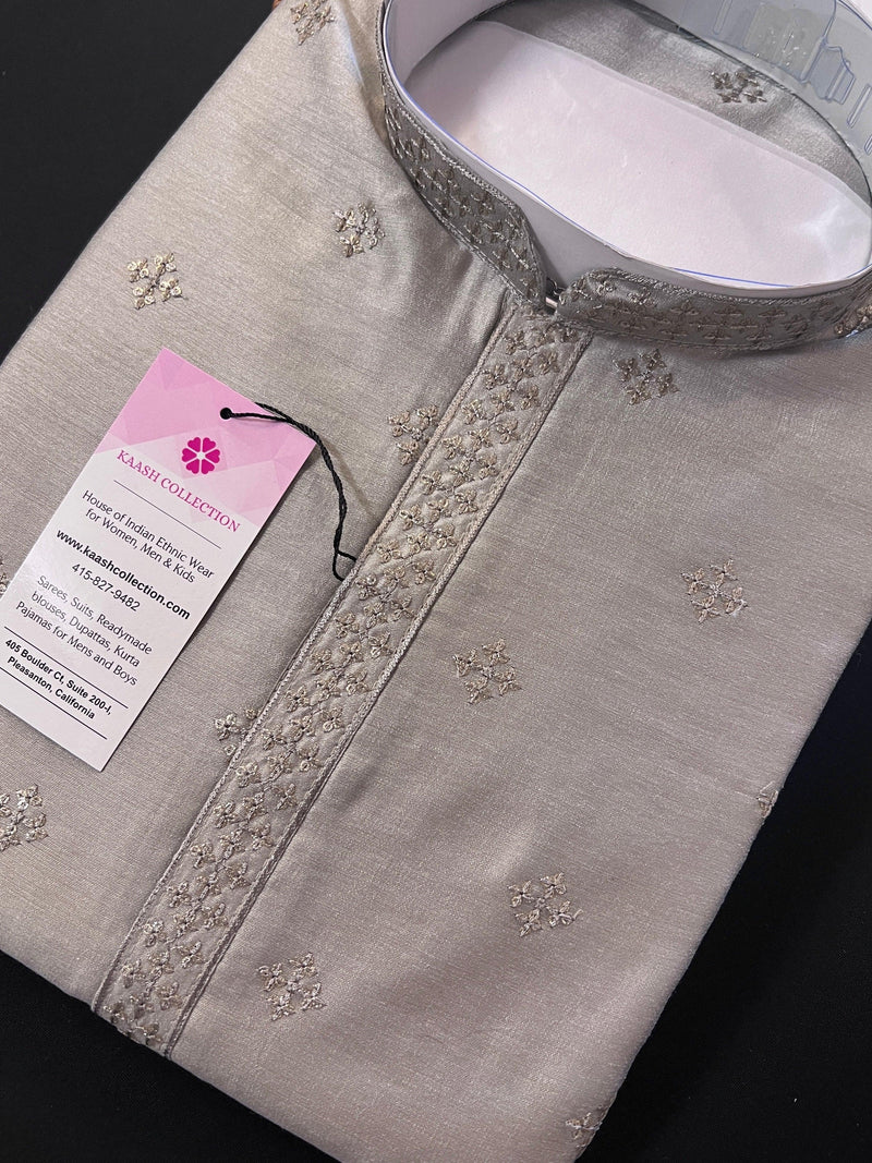 Grey Color Silk Men Kurta Pajama Kurta Pajama Set | Hand Embroidery with Sequin Work | Kurta Pajama for Wedding | Mens Kurta in USA - Kaash