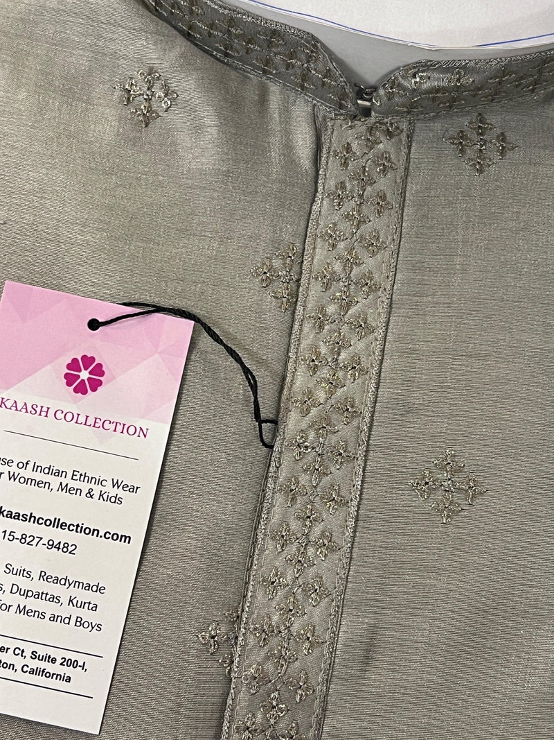 Grey Color Silk Men Kurta Pajama Kurta Pajama Set | Hand Embroidery with Sequin Work | Kurta Pajama for Wedding | Mens Kurta in USA - Kaash