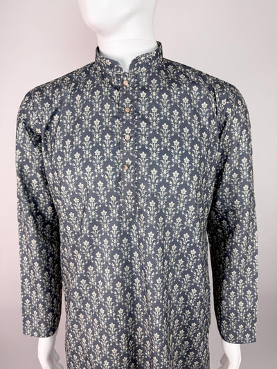 Grey Designer Party and Wedding Wear Men's Kurta with Digital Prints in Soft Butter Silk with Sequence Work - Kaash