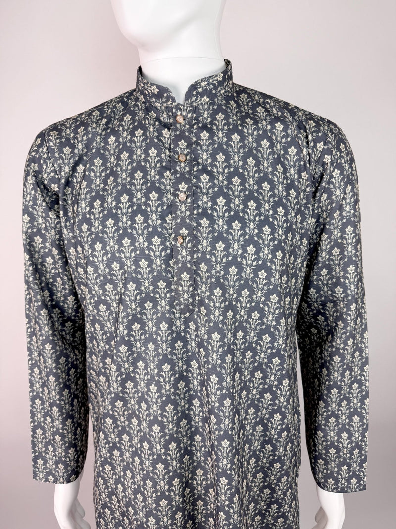 Grey Designer Party and Wedding Wear Men's Kurta with Digital Prints in Soft Butter Silk with Sequence Work - Kaash