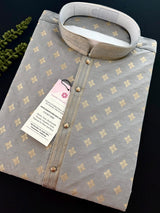 Grey with Gold Buttis men's kurta pajama in silk (non-pure) with embossed design with gold buttis — Kaash Collection