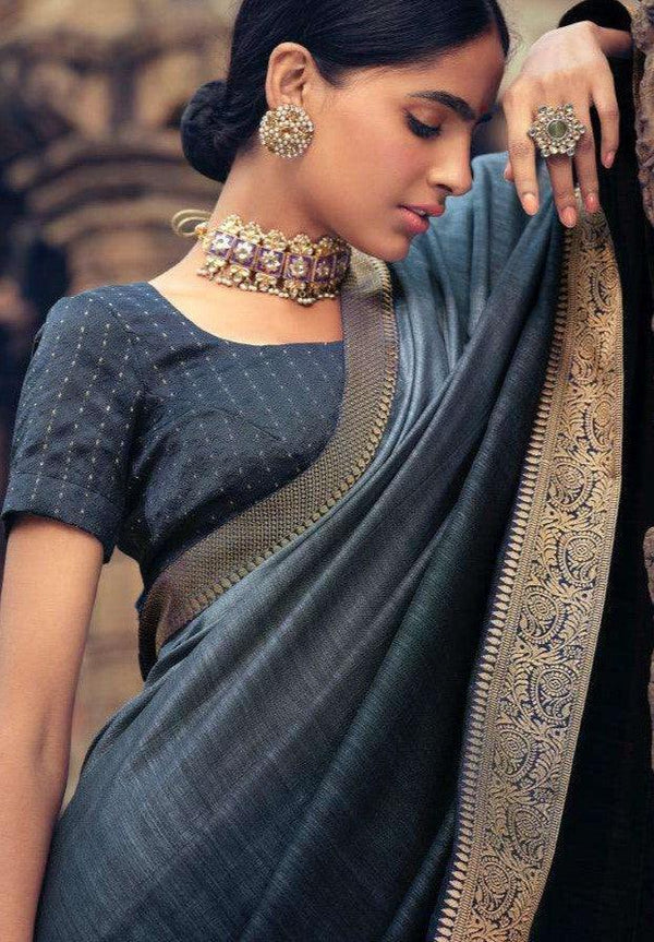 Grey Ombre Saree in Art Silk with Lace Borders - Kaash