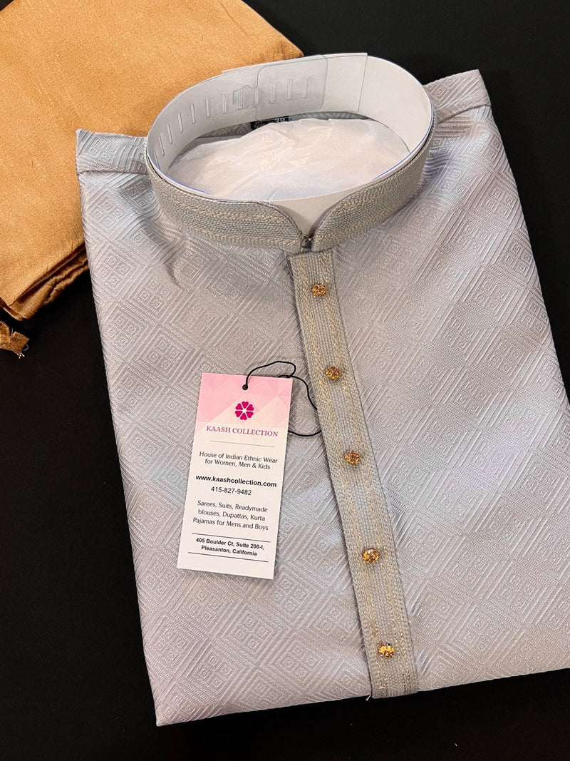 Grey men's kurta pajama in soft silk (non-pure) with self-design material — Kaash Collection