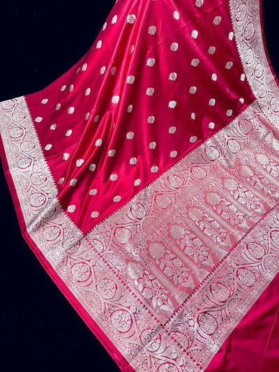 Handloom Banarasi Mashru Silk Saree | Deep Magenta Pink, Gold Zari Weave, Party Wear - Kaash