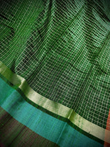 Silk Mark Certified Bottle Green & Orange Pure Raw Silk saree in pure raw silk with multi-border with mini checks & raindrops — Kaash Collection