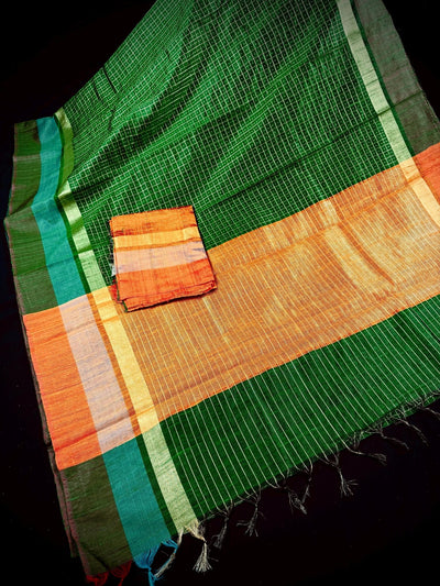 Silk Mark Certified Bottle Green & Orange Pure Raw Silk saree in pure raw silk with multi-border with mini checks & raindrops — Kaash Collection