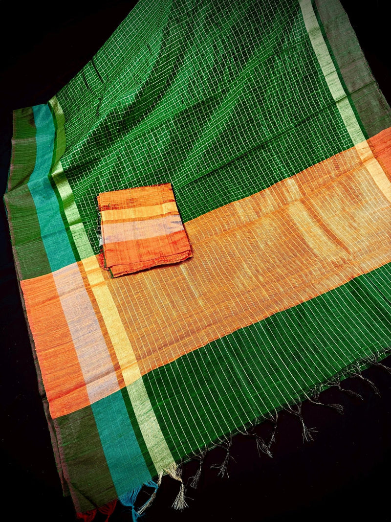 Silk Mark Certified Bottle Green & Orange Pure Raw Silk saree in pure raw silk with multi-border with mini checks & raindrops — Kaash Collection