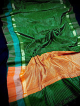 Silk Mark Certified Bottle Green & Orange Pure Raw Silk saree in pure raw silk with multi-border with mini checks & raindrops — Kaash Collection