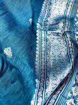 Peacock Blue Linen Silk saree in linen silk with silver zari buttis with grand border — Kaash Collection