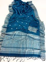Peacock Blue Linen Silk saree in linen silk with silver zari buttis with grand border — Kaash Collection