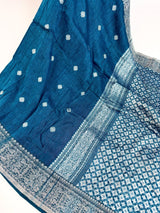 Peacock Blue Linen Silk saree in linen silk with silver zari buttis with grand border — Kaash Collection
