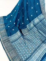 Peacock Blue Linen Silk saree in linen silk with silver zari buttis with grand border — Kaash Collection