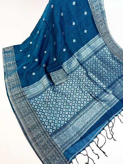 Peacock Blue Linen Silk saree in linen silk with silver zari buttis with grand border — Kaash Collection