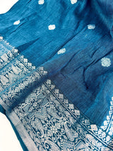 Peacock Blue Linen Silk saree in linen silk with silver zari buttis with grand border — Kaash Collection