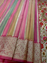 Muave Pink with Multi-Color Stripes Banarasi saree in banarasi organza silk (kora) with paithani pallu with banarasi floral jaal border — Kaash Collection
