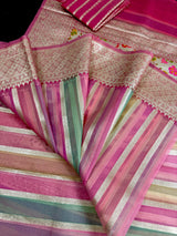 Muave Pink with Multi-Color Stripes Banarasi saree in banarasi organza silk (kora) with paithani pallu with banarasi floral jaal border — Kaash Collection