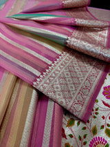 Muave Pink with Multi-Color Stripes Banarasi saree in banarasi organza silk (kora) with paithani pallu with banarasi floral jaal border — Kaash Collection
