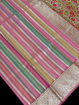 Muave Pink with Multi-Color Stripes Banarasi saree in banarasi organza silk (kora) with paithani pallu with banarasi floral jaal border — Kaash Collection