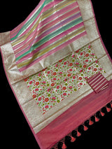 Muave Pink with Multi-Color Stripes Banarasi saree in banarasi organza silk (kora) with paithani pallu with banarasi floral jaal border — Kaash Collection
