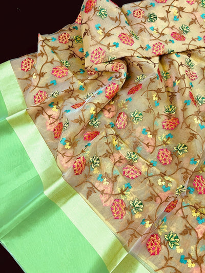 Beige Kora with Green & Lime Patta saree in banarasi kora organza silk with floral embroidery with green & lime patta — Kaash Collection