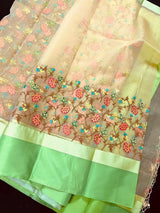 Beige Kora with Green & Lime Patta saree in banarasi kora organza silk with floral embroidery with green & lime patta — Kaash Collection
