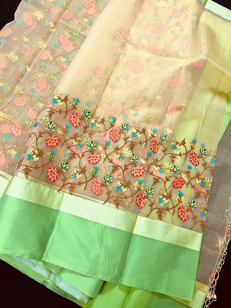 Handmade Beige Color Banarasi Kora Organza Saree with Raw Silk Patta on the Border - Floral Jaal Embroidery - Kaash