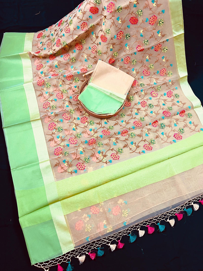 Handmade Beige Color Banarasi Kora Organza Saree with Raw Silk Patta on the Border - Floral Jaal Embroidery - Kaash