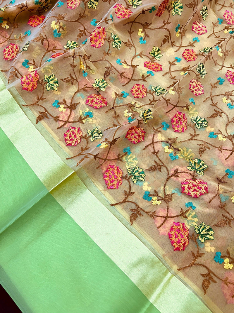 Handmade Beige Color Banarasi Kora Organza Saree with Raw Silk Patta on the Border - Floral Jaal Embroidery - Kaash