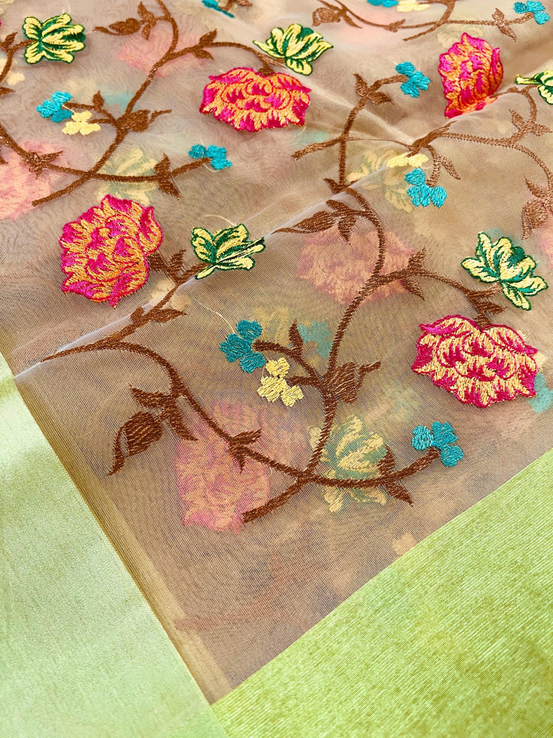 Handmade Beige Color Banarasi Kora Organza Saree with Raw Silk Patta on the Border - Floral Jaal Embroidery - Kaash