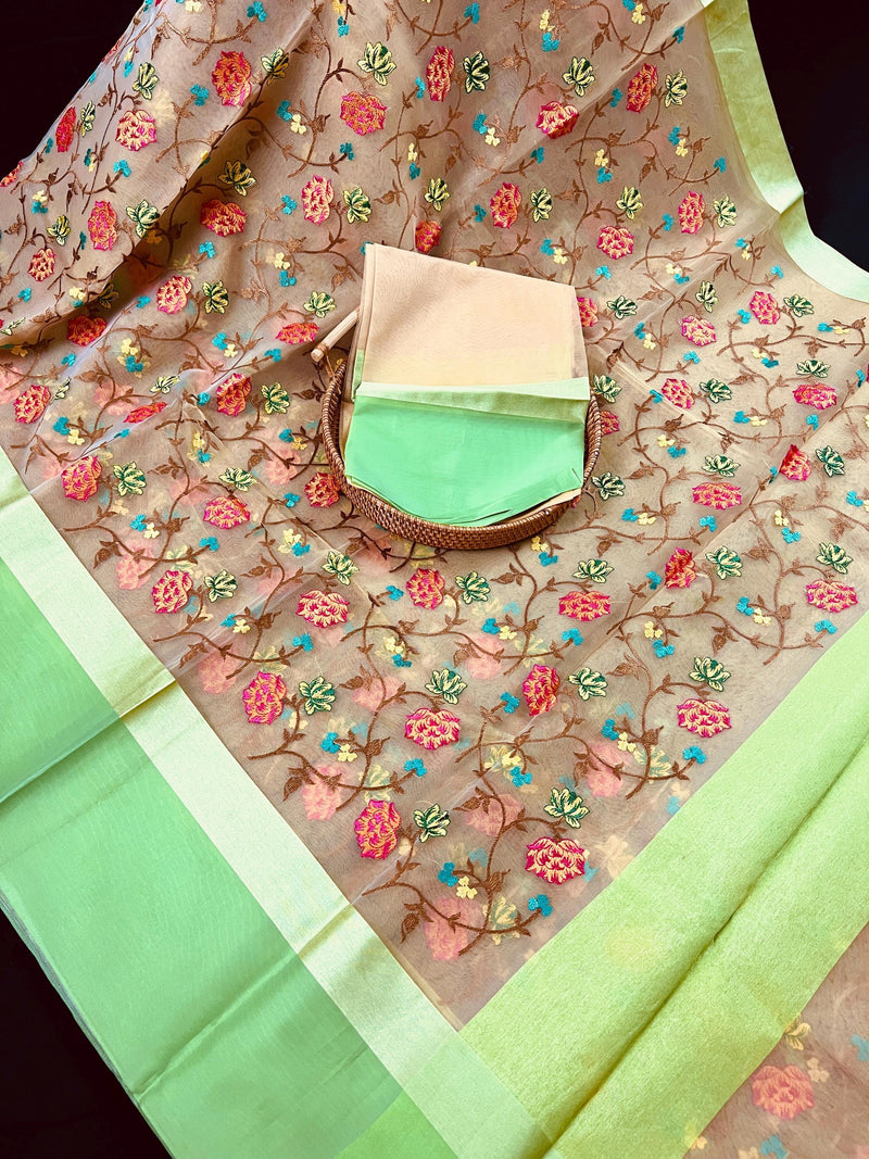 Handmade Beige Color Banarasi Kora Organza Saree with Raw Silk Patta on the Border - Floral Jaal Embroidery - Kaash