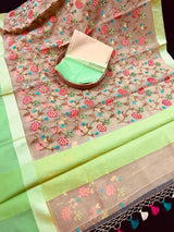 Handmade Beige Color Banarasi Kora Organza Saree with Raw Silk Patta on the Border - Floral Jaal Embroidery - Kaash