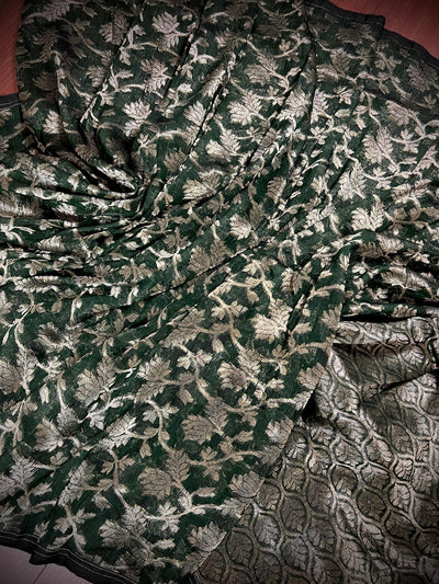 Bottle Green Linen Jamdani saree in jamdani linen with muted gold zari jamdani weave — Kaash Collection