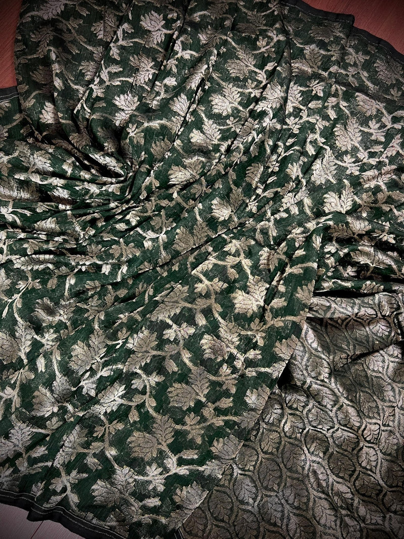 Bottle Green Linen Jamdani saree in jamdani linen with muted gold zari jamdani weave — Kaash Collection